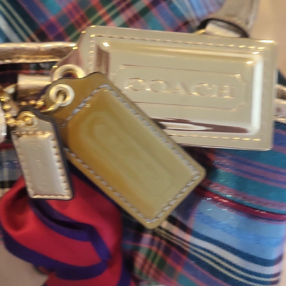 Coach Poppy Plaid Tote Bag with Gold, Blues, Greens and Reds. - Picture 4 of 14